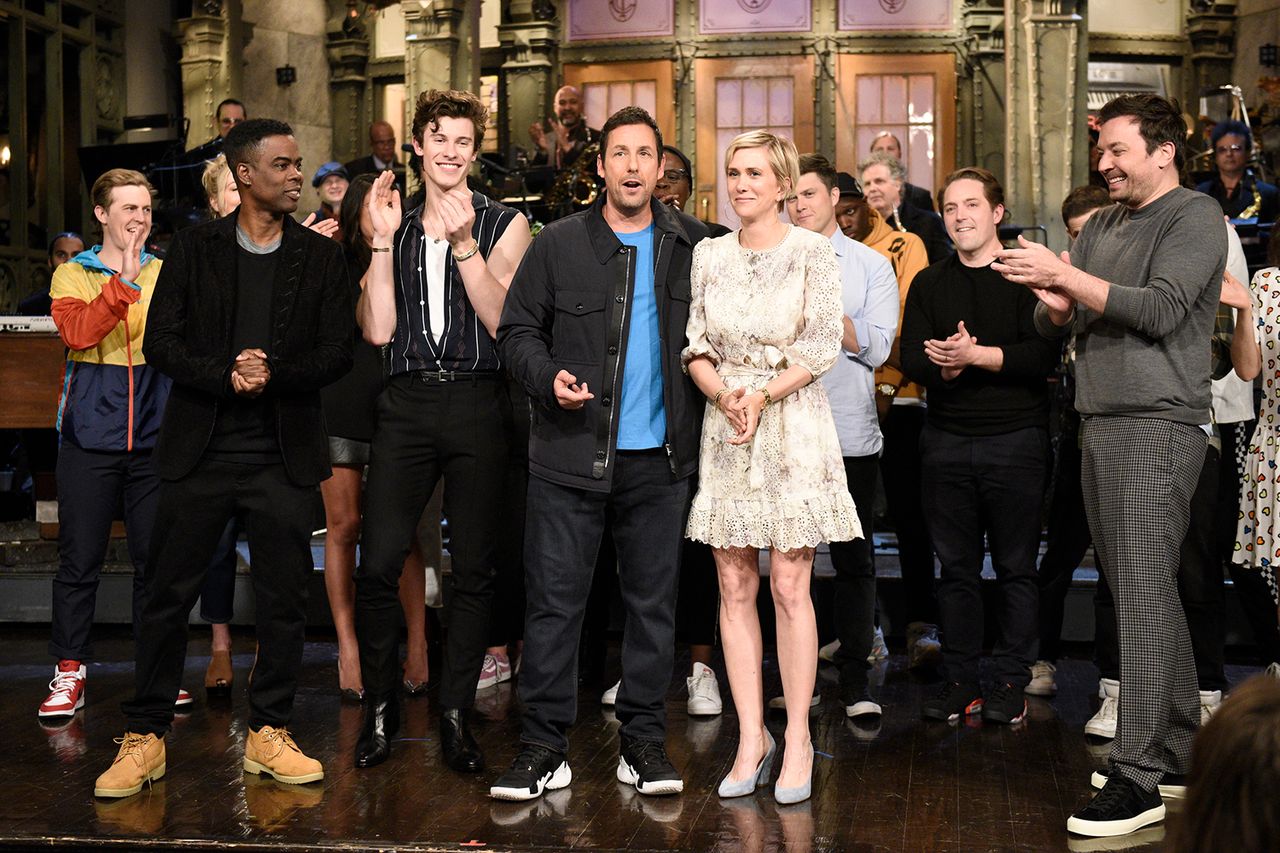 Alex Moffat, special guest Chris Rock, musical guest Shawn Mendes, host Adam Sandler, special guest Kristen Wiig, Colin Jost, Beck Bennett, special guest Jimmy Fallon, and Melissa Villaseñor during Goodnights & Credits on Saturday, May 4, 2019.Credit: Will Heath/NBC/NBCU Photo Bank via Getty