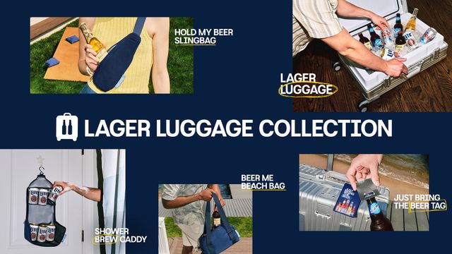 A collage showcasing various beerthemed luggage items including a sling bag beach bag shower caddy and suitcase with a beer storage compartment The Lager Luggage CollectionCredit: Molson Coors