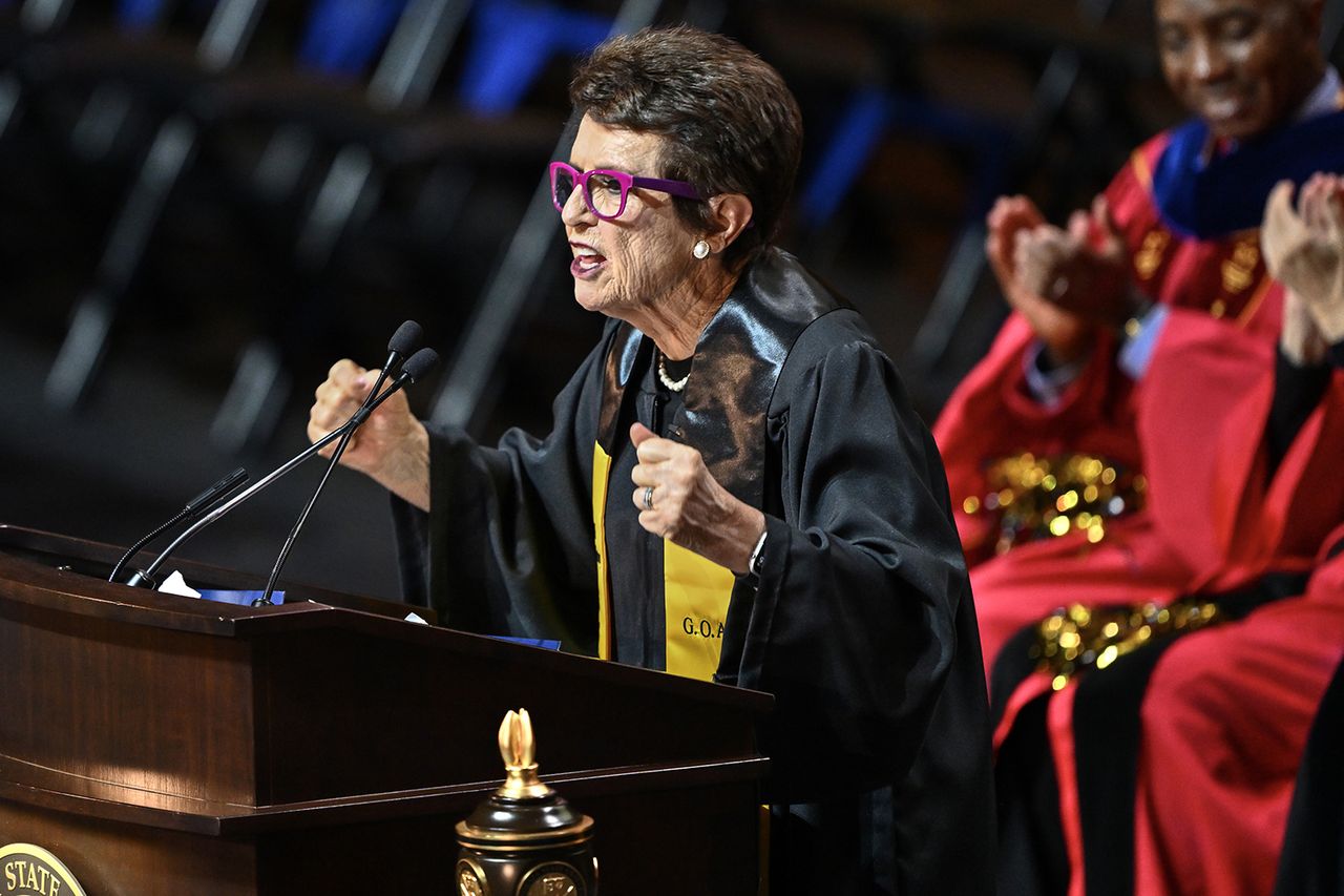 Billie Jean King delivers the keynote address during graduation for the Cal State Los Angeles' College of Natural and Social Sciences Billie Jean King during her graduation at Cal State LA on May 18, 2026Credit: Jeff Gritchen/MediaNews Group/Orange County Register via Getty
