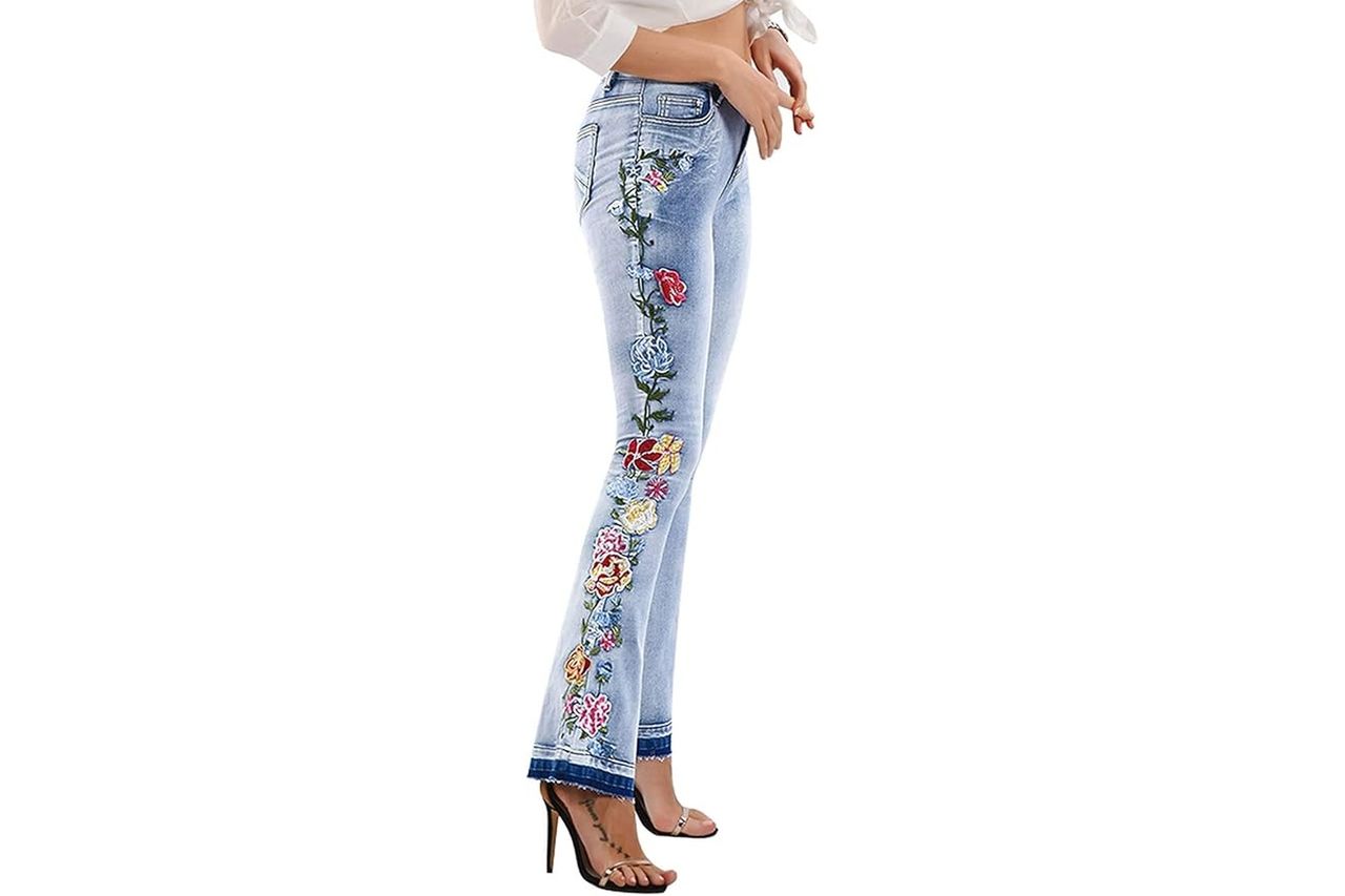 CHARTOU Womens Chic Floral Embroidered High-Rise Bell Bottom Flare Jeans Broad Feet Long Denim Pants Credit: Amazon