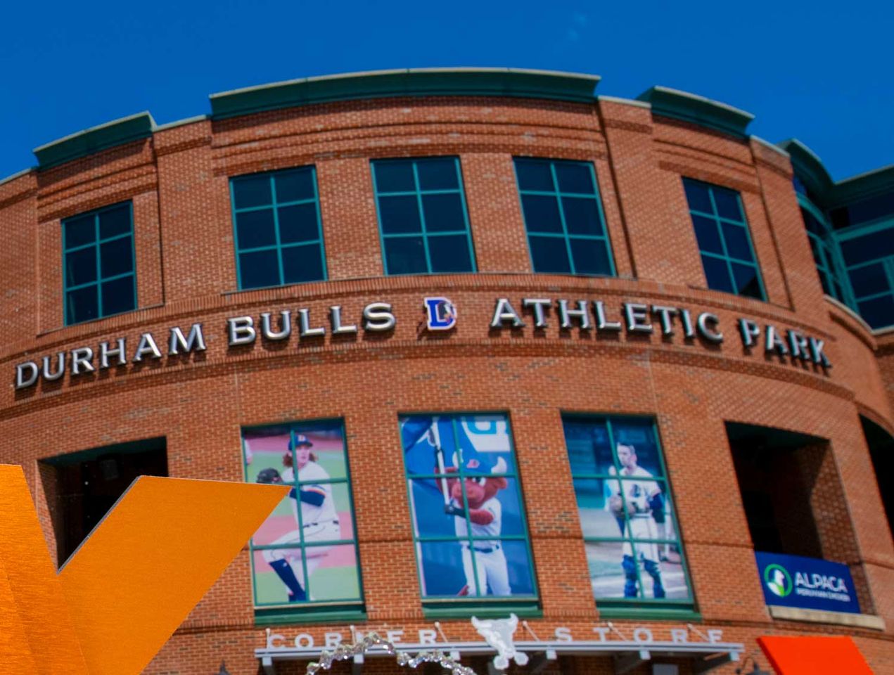 A general view of the exterior of Durham Bulls Athletic Park is seen prior to the MLB Home Run Derby X on Saturday, August 9, 2025 in Durham, North Carolina. Durham Bulls Athletic Park.Credit: Chris Downey/MLB Photos via Getty