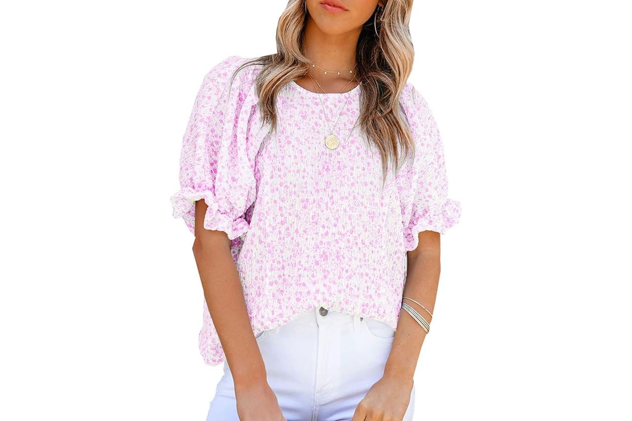 Dokotoo Floral Print Blouses for Women Crewneck Smocked Puff Sleeve Credit: Amazon