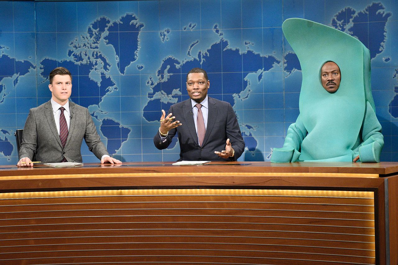 Colin Jost, Michael Che, and host Eddie Murphy as Gumby during Weekend Update on Saturday, December 21, 2019.Credit: Will Heath/NBC/NBCU Photo Bank via Getty