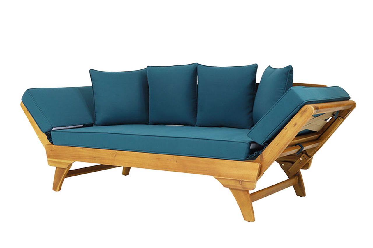 Modern Coastal Outdoor Acacia Wood Expandable Convertible Patio Sofa Bed Daybed with Cushions, Adjustable Armrests for Poolside, Porch By George Oliver Credit: Wayfair