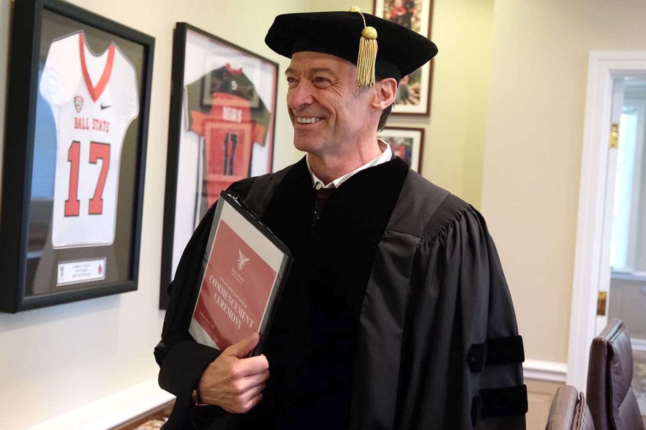 Hugh Jackman delivers Ball State University's 2026 Commencement Speech on May 2, 2026 in Muncie, Indiana.Credit: Hugh Jackman/Instagram