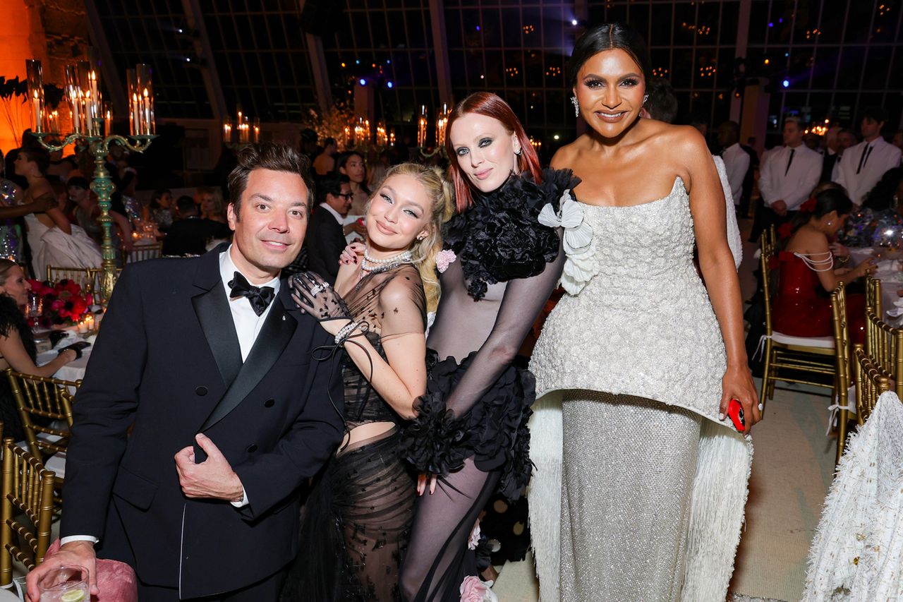 Jimmy Fallon, Gigi Hadid, Karen Elson and Mindy Kaling attend the 2023 Met Gala.Credit: Kevin Mazur/MG23/Getty