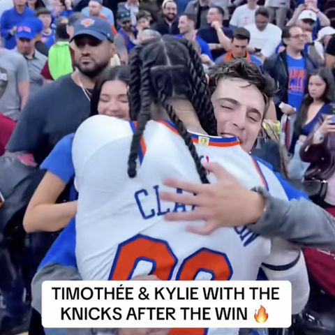 Kylie Jenner and Timothee Chalamet celebrating at NBA game Kylie Jenner and Timothée Chalamet with Jordan ClarksonCredit: NBA/TikTok