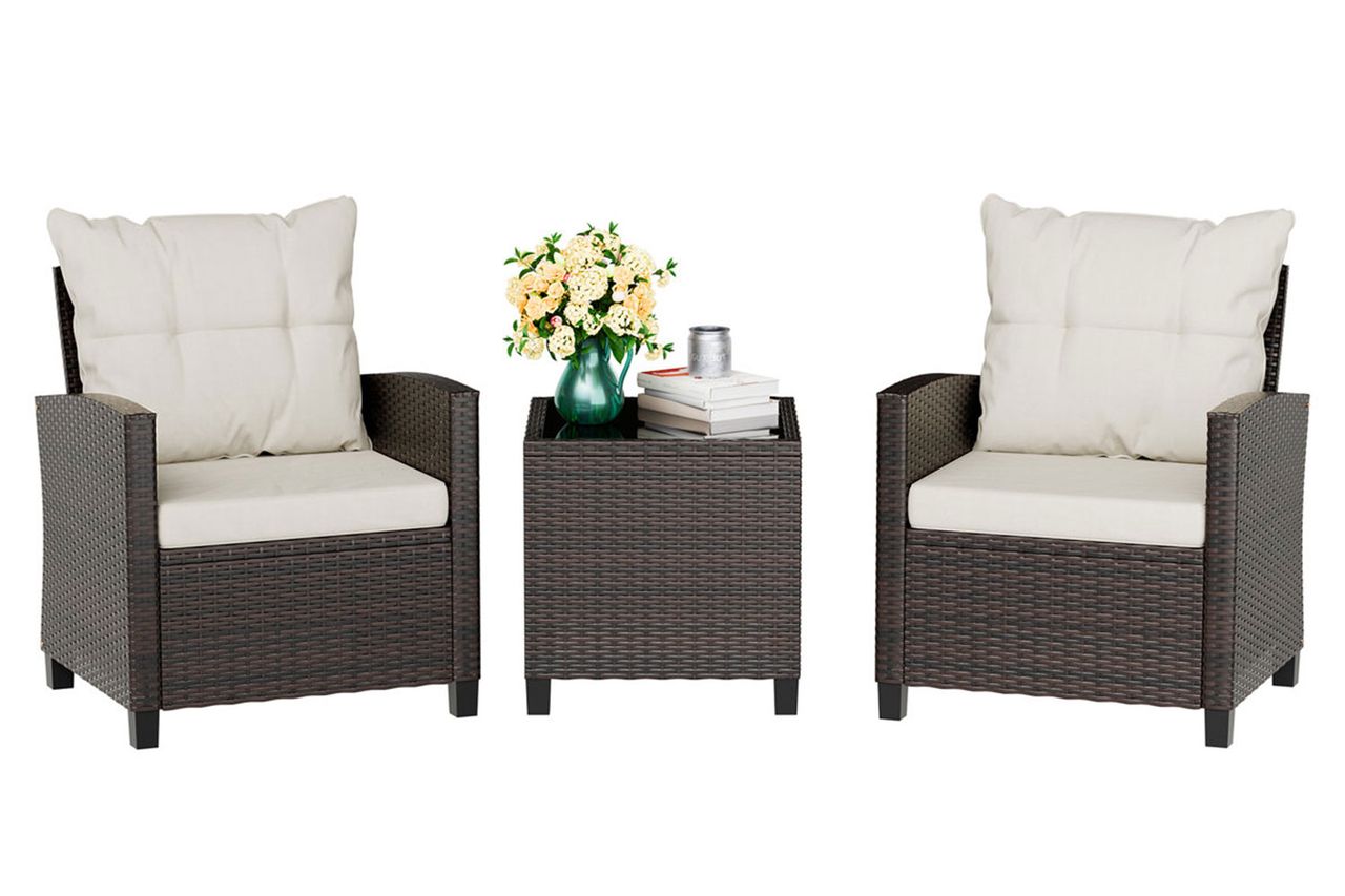 Arlayne 2-Person 3-Piece PE Wicker Patio Conversation Set with Cushions By Lark Manor™ Credit: Wayfair