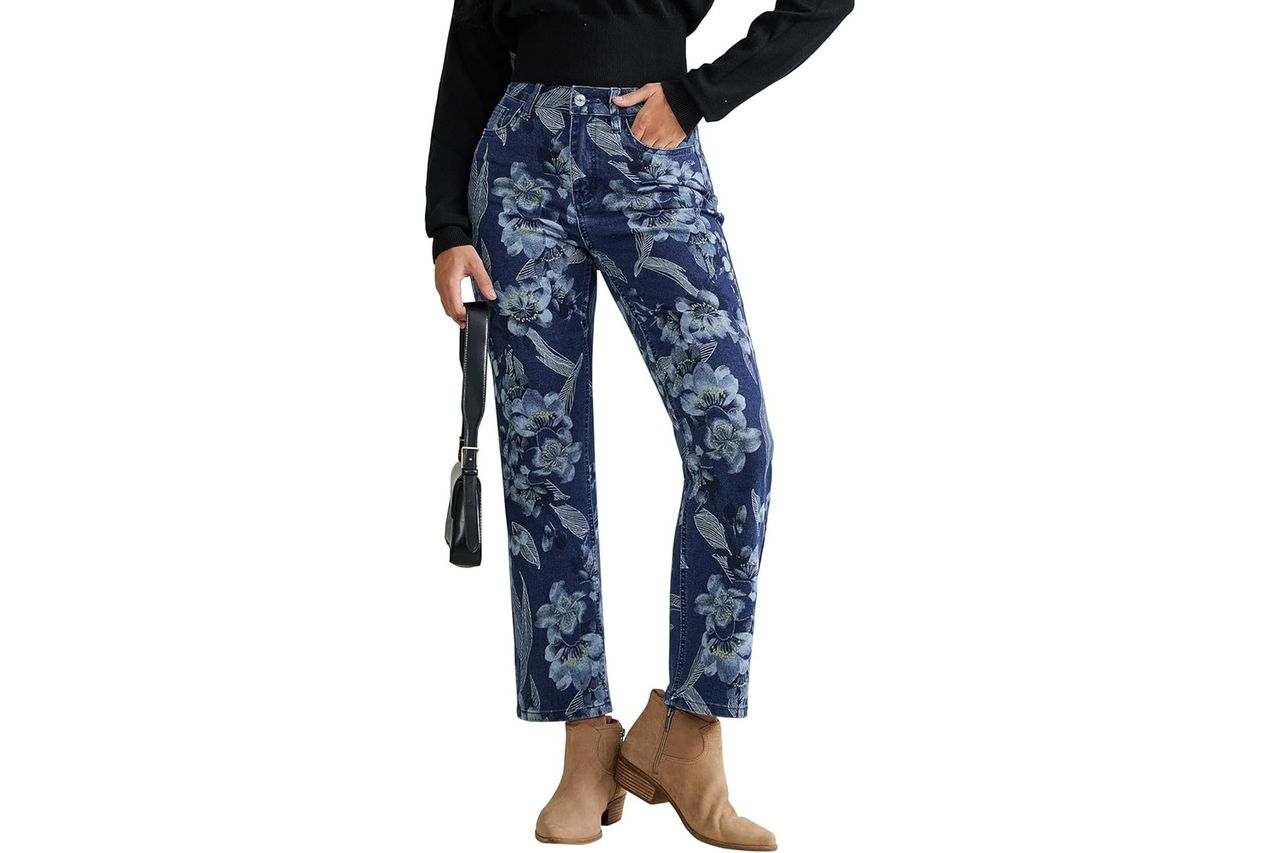 luvamia Straight Leg Jeans for Women Floral Printed High Waisted Trendy Cute Vintage Stretchy Denim Pants Boho Jeans Credit: Amazon