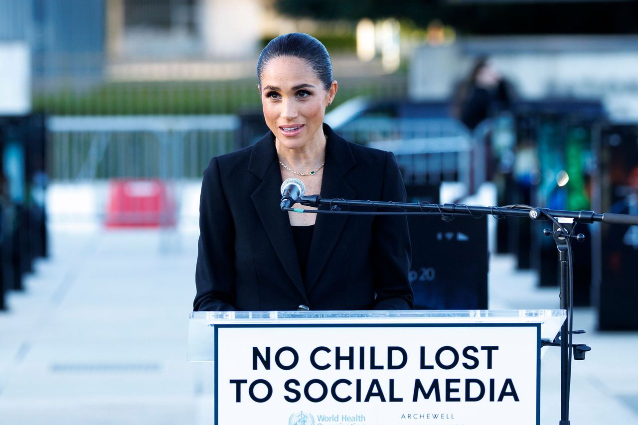 Meghan Markle speaks during the inauguration of The Lost Screen Memorial exhibition on the Place des Nations in front of the European headquarters of the United Nations in Geneva, Switzerland on May 17, 2026.Credit: CYRIL ZINGARO/EPA/Shutterstock