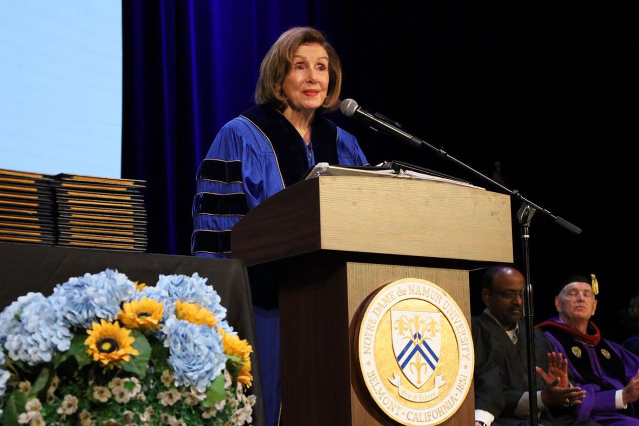 Nancy Pelosi delivers the 2026 commencement address at Notre Dame de Namur University.Credit: Pelosi Press