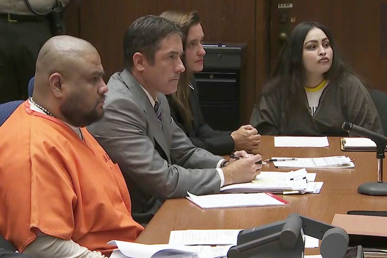 Isauro Aguirre and Pearl Sinthia Fernandez during their sentencing hearing on June 7, 2018, in Palmdale, California.Credit: KTLA via AP