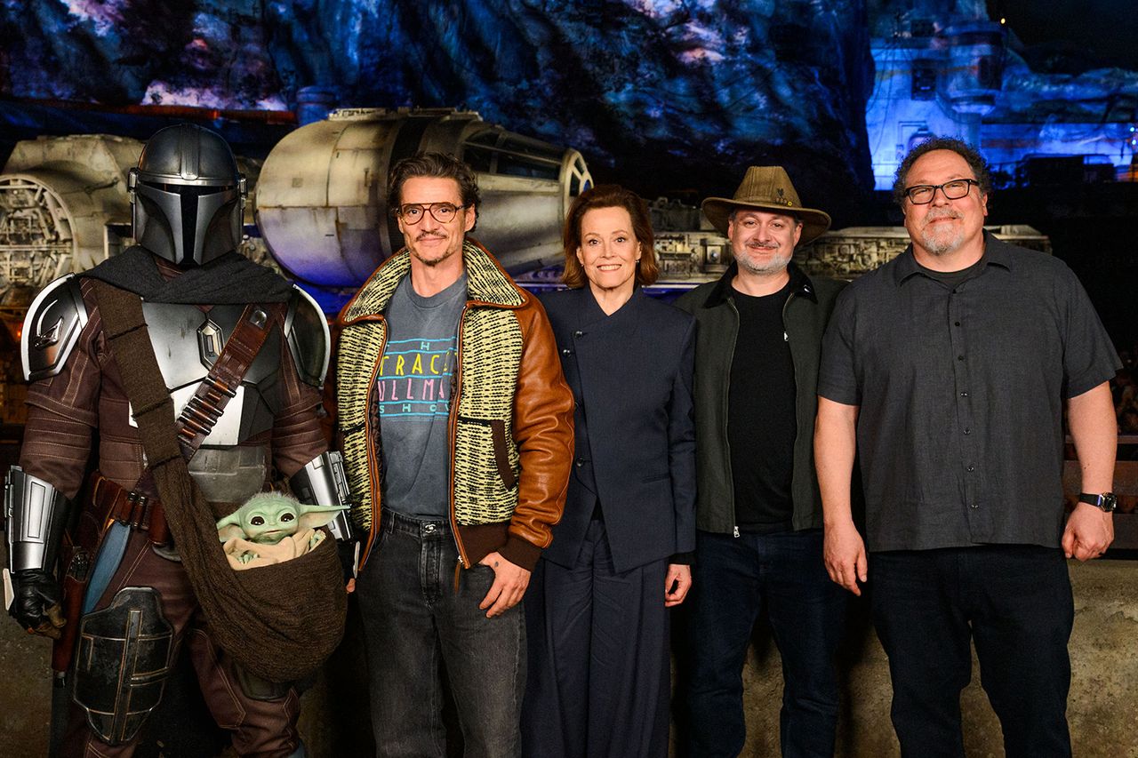Pedro Pascal, Sigourney Weaver, CCO of Lucasfilm Dave Filoni and director Jon Favreau at DisneylandCredit: Richard Harbaugh/Disneyland Resort via Getty