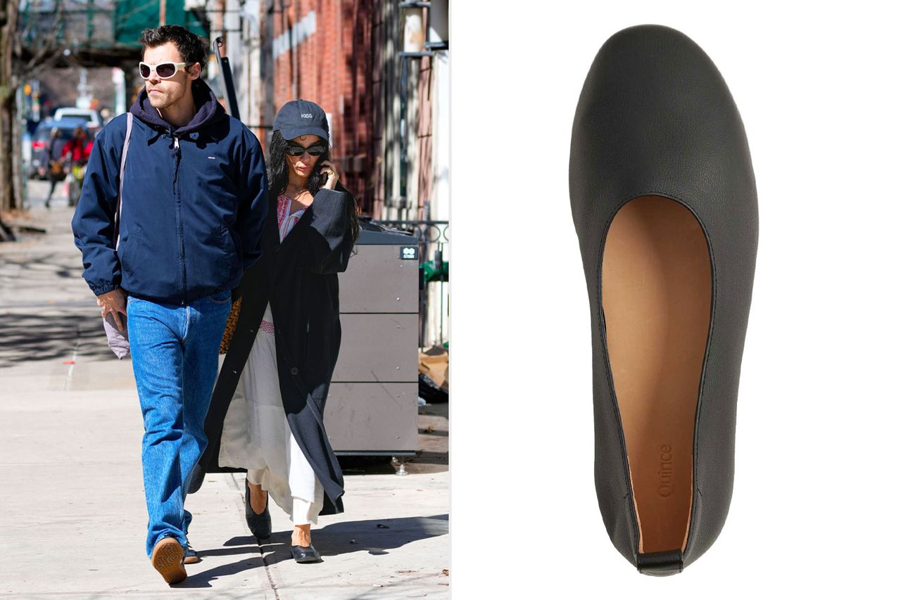 A couple walking outdoors on the left paired with an image of a single shoe on the right Credit: XNY/Star Max/GC Images; Quince