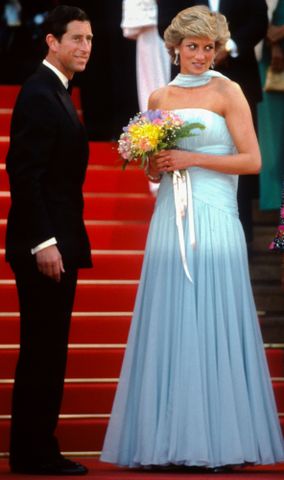 Prince Charles, Prince of Wales and Diana, Princess of Wales, wearing a pale blue silk chiffon strapless dress with a matching chiffon stole designed by Catherine Walker, arrive to attend a Gala night in honour of actor Sir Alec Guinness at the Cannes Film Festival on May 15, 1987 in Cannes, France. Prince Charles and Princess Diana at the 1987 Cannes Film FestivalCredit: Anwar Hussein/Getty