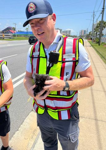 The kitten with a Destin Fire Rescue officialCredit: Destin Fire Rescue