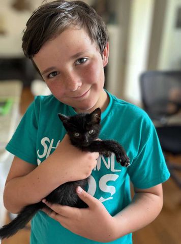 Bee the kitten with his new ownerCredit: Destin Fire Dept.