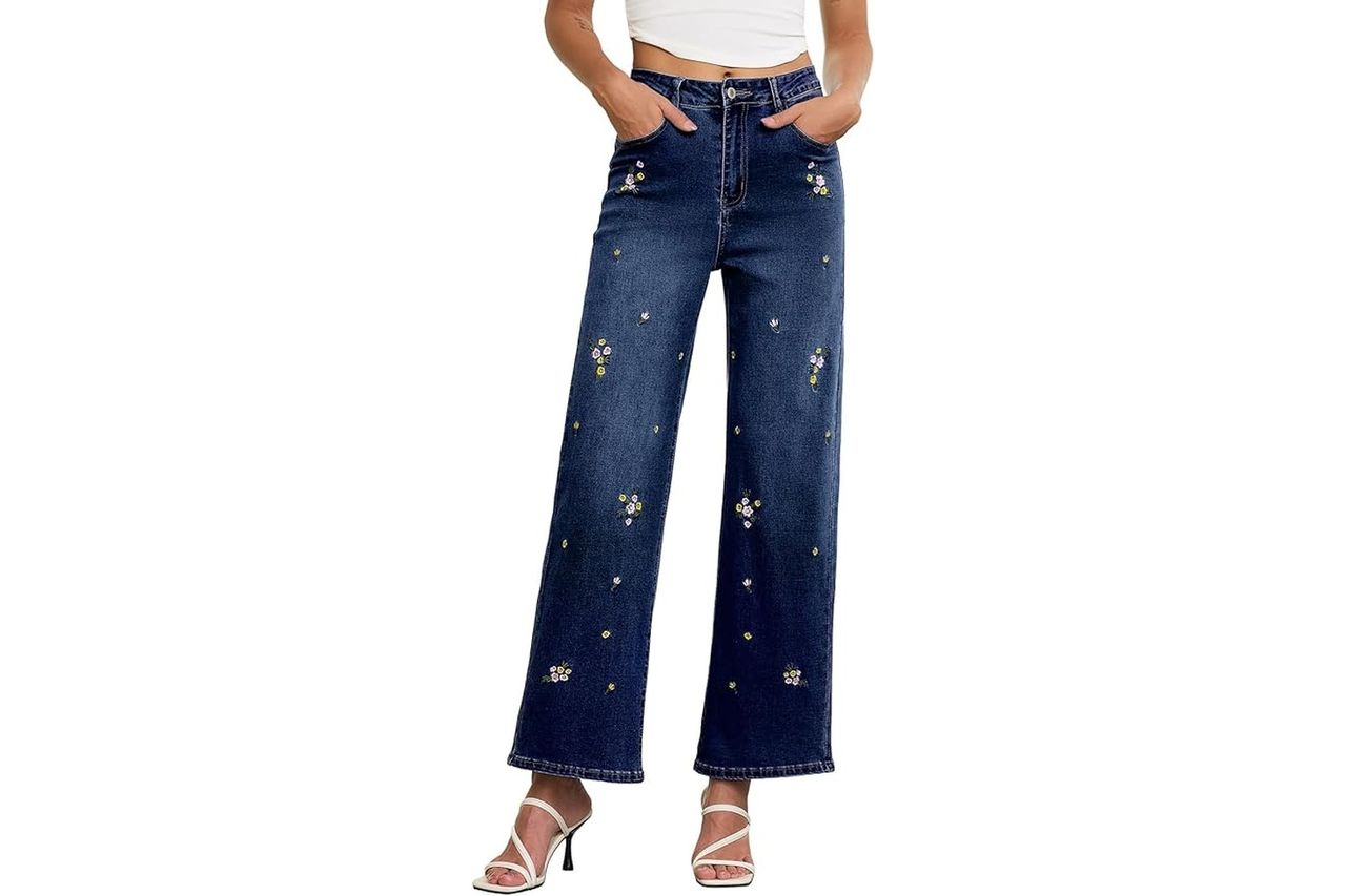 Sidefeel Women's Straight Leg Embroidered Jeans High Waisted Stretchy Wide Leg Denim Pants Credit: Amazon