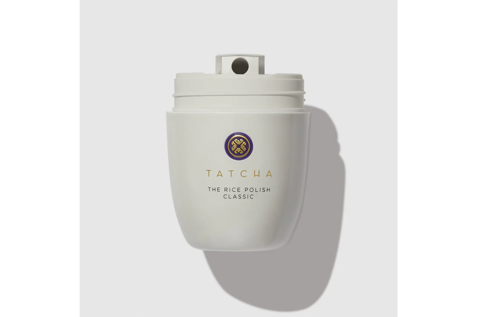 A white container of Tatcha The Rice Polish Classic facial cleanser.