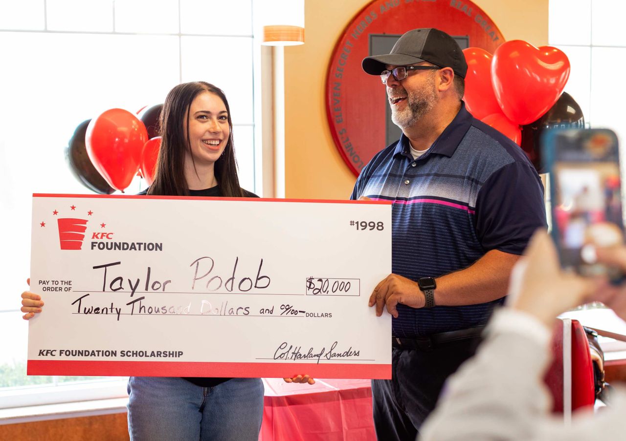 First-generation college student Was Inspired to Become a Physical Therapist After severe scoliosis Diagnosis. Taylor Podob accepts scholarship from the KFC FoundationCredit: Courtesy of the KFC Foundation