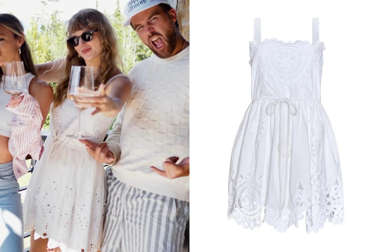 Taylor Swift wearing a white sleeveless dress standing next to Travis Kelce who gestures and wears a white sweater and hat Credit: Travis Kelce/Instagram; Hunter Bell