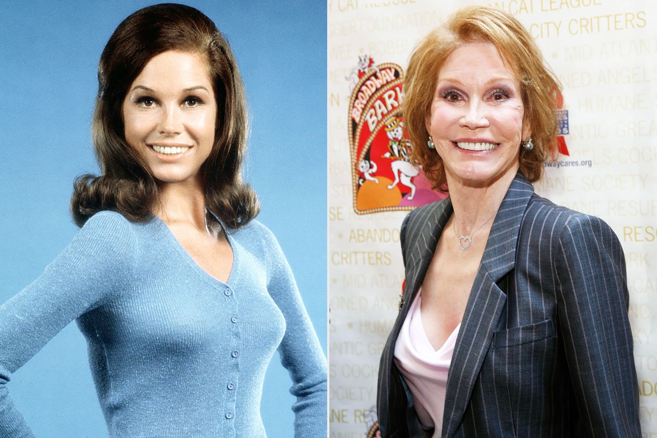 From left: Mary Tyler Moore as Mary Richards on 'The Mary Tyler Moore Show' in 1974; Mary Tyler Moore attends the Broadway Barks! 14 Pet Adoption event at Shubert Alley in New York City on July 14, 2012Credit: CBS via Getty; Andy Kropa/Getty