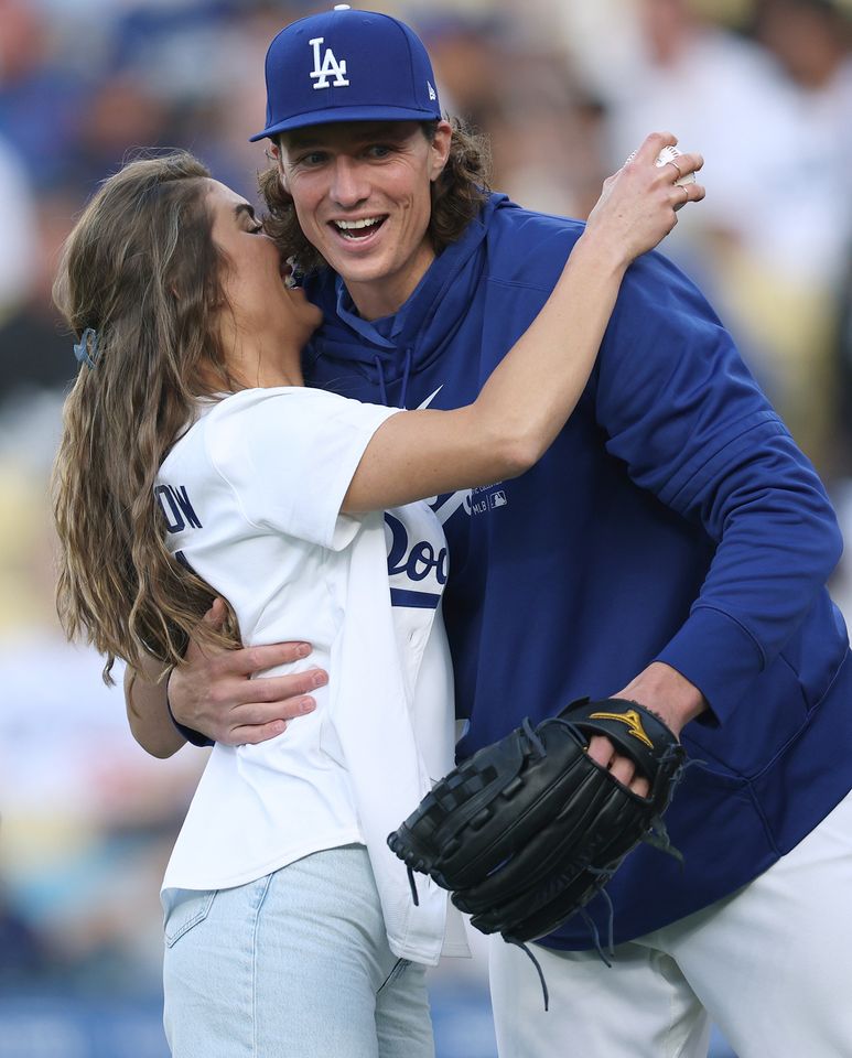Tyler Glasnow #31 of the Los Angeles Dodgers hugs girlfriend Meghan Murphy after she throws out a ceremonial first pitch before the game against the Colorado Rockies Meghan Murphy Glasnow and Tyler GlasnowCredit: Harry How/Getty