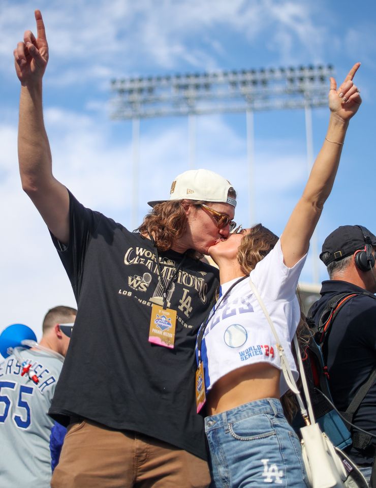 Tyler Glasnow #31 of the Los Angeles Dodgers poses for a photo on the field with his girlfriend Meghan Murphy during the Los Angeles Dodgers World Series Celebration at Dodger Stadium Tyler Glasnow and Meghan Murphy GlasnowCredit: Emma Sharon/MLB Photos via Getty