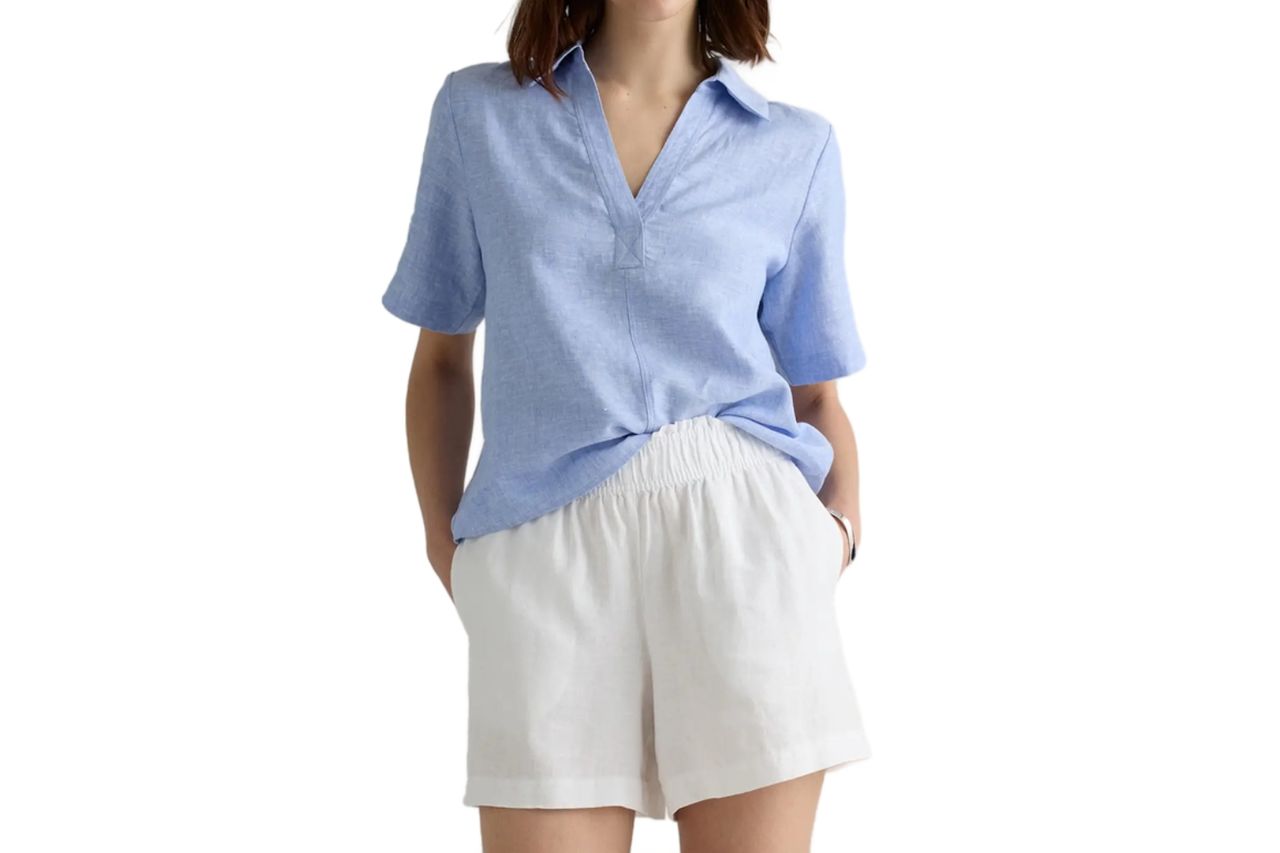 100% European Linen Short Sleeve Popover Top in French Blue Credit: Quince