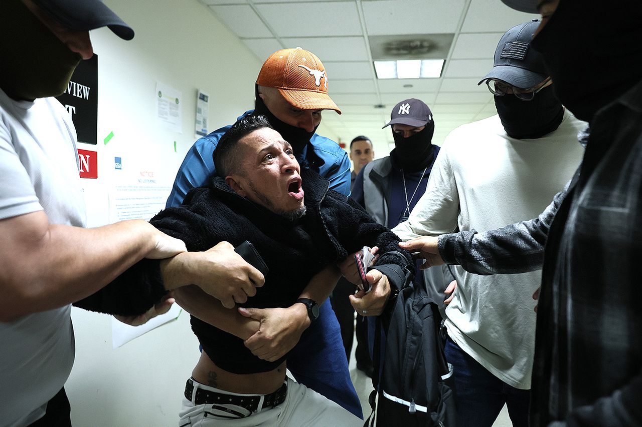 A man seeking asylum from Colombia is detained by federal agents as he attends his court hearing in immigration court at the Jacob K. Javits Federal Building on Oct. 27, 2025 in New York City.Credit: Michael M. Santiago/Getty