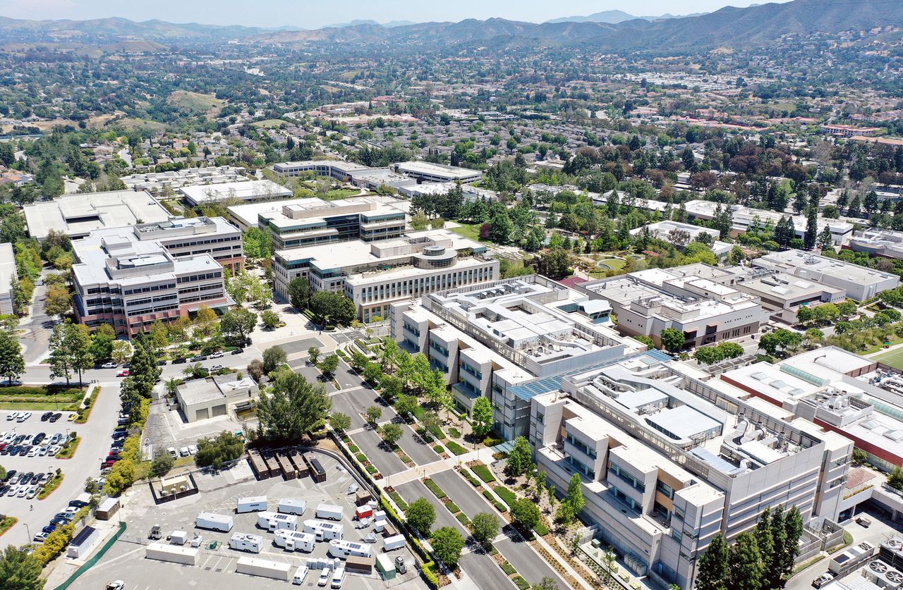 An aerial view of Amgen headquarters on May 17, 2023 in Thousand Oaks, California.Credit: Mario Tama/Getty