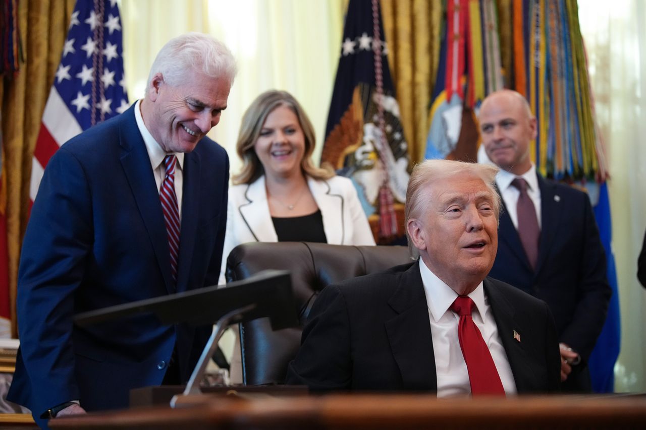 President Donald Trump speaks alongside House Majority Whip Tom Emmer, R-Minn., in the OVal Office on Nov. 6, 2025.Credit: Andrew Harnik/Getty
