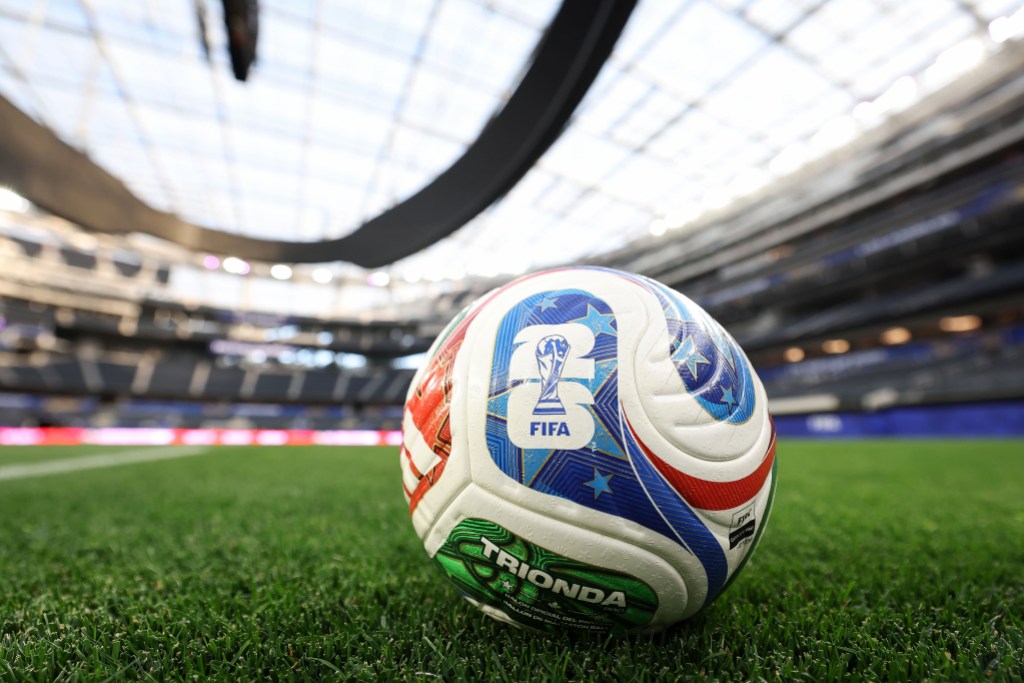 LOS ANGELES, CALIFORNIA - JUNE 09: General view of the Adidas Trionda, official match ball of the FIFA World Cup 2026 at SoFi Stadium on June 09, 2026 in Los Angeles, California. (Photo by Matt McNulty - FIFA/FIFA via Getty Images)