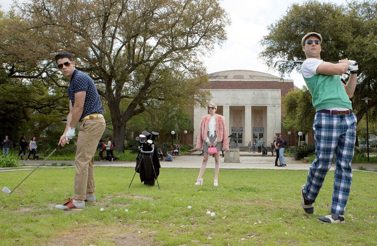 Nick Jonas, Glen Powell and Emma Roberts in Scream Queens.Credit: FOX Image Collection via Getty
