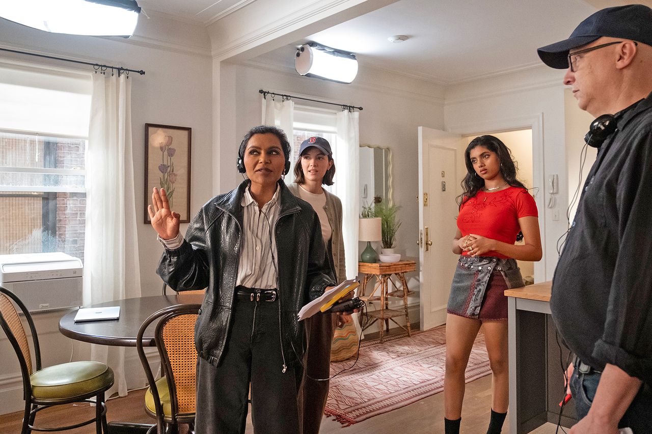 Not Suitable for Work Mindy Kaling on the set of 'Not Suitable for Work' with Ella Hunt and AvantikaCredit: Disney/Gwen Capistran