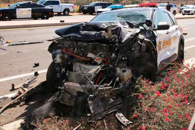 Glynn Wilburn and Madeline accident Front and left side of the Ford. 2020 Ford Police Interceptor Utility Police vehicle in car crash.Credit: SUPERIOR COURT OF THE STATE OF CALIFORNIA COUNTY OF RIVERSIDE