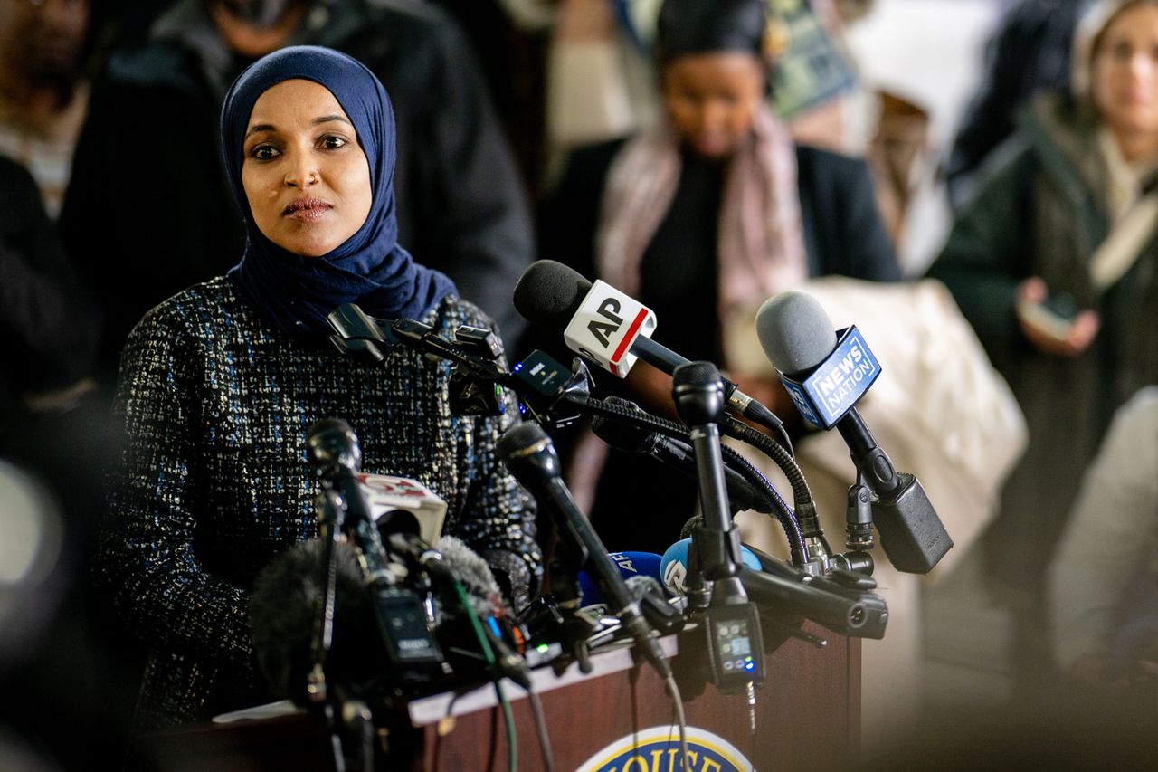 Rep. Ilhan Omar, D-Minn., speaks during a press conference in Minneapolis on Jan. 28 following the killings of Alex Pretti and Renee Good by federal law enforcement officers.Credit: Brandon Bell/Getty
