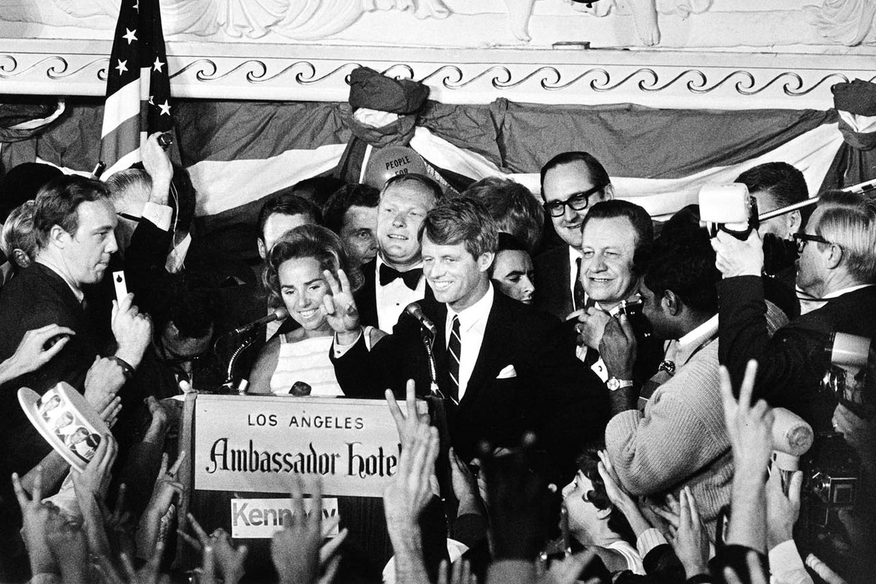 New York Senator Robert F. Kennedy (RFK) raises his hand with the RFK and his wife, Ethel, celebrate his win in the California primary in the early hours of June 5, 1968, just before he was shotCredit: David Hume Kennerly/Getty