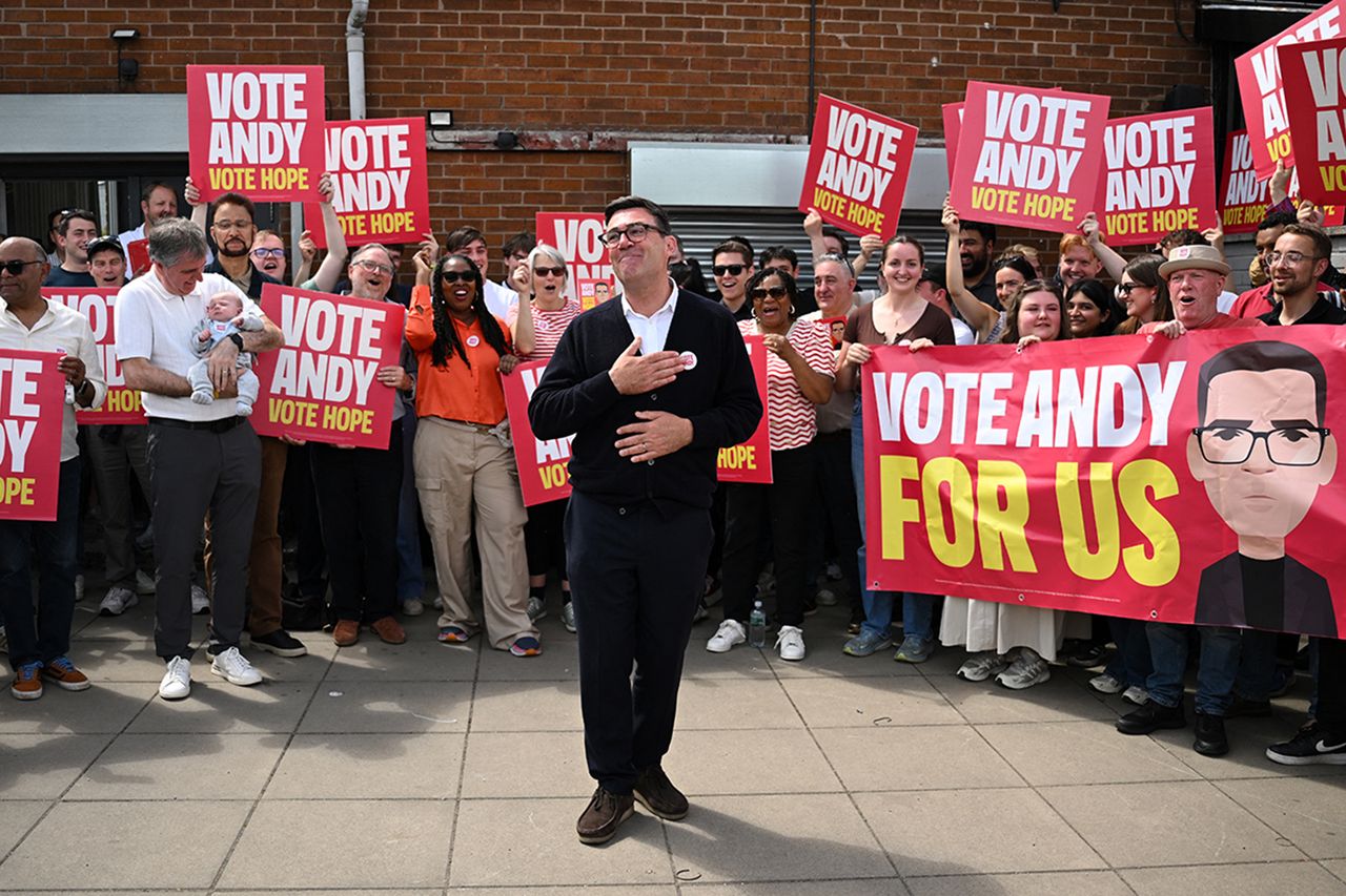 Labour party candidate Andy Burnham addresses supporters outside the Labour party campaign office in Ashton in Makerfield Newly-elected MP Andy Burham in Makesfield, U.K. on June 18, is the frontrunner for Starmer's job as Prime MinisterCredit: Oli SCARFF / AFP via Getty