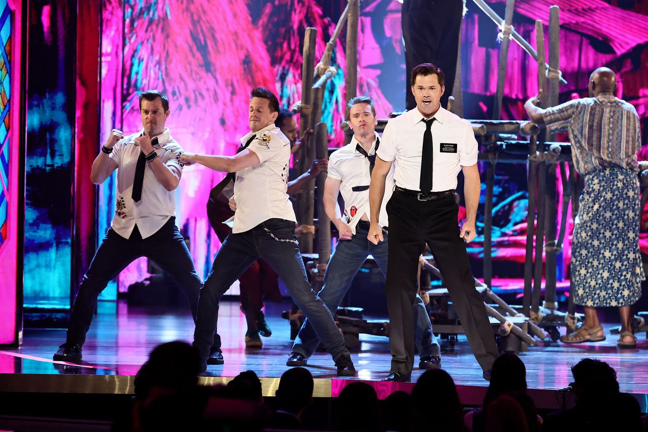The cast of Book of Mormon performs onstage during The 79th Annual Tony Awards at Radio City Music Hall on June 07, 2026 in New York City. Andrew Rannells performs with the original cast of The Book of Mormon during the Tony AwardsCredit: Theo Wargo/Getty
