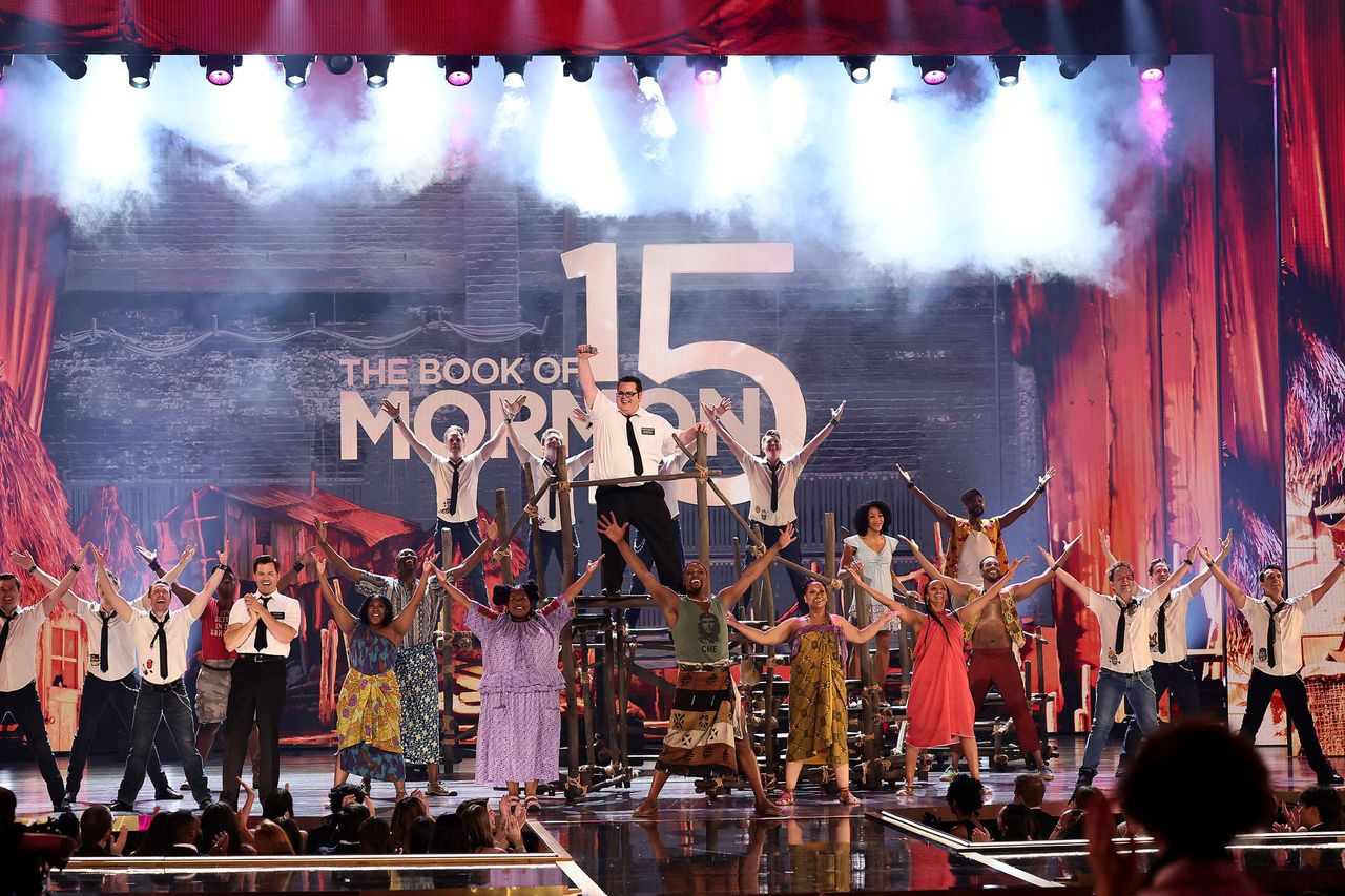 The cast of Book of Mormon performs onstage during The 79th Annual Tony Awards at Radio City Music Hall on June 07, 2026 in New York City. The Book of Mormon performance during the Tony Awards on June 7Credit: Theo Wargo/Getty
