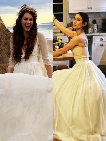 Troian Bellisario smiles in her wedding dress in Santa Barbara, Calif., on Dec. 10, 2016; Troian Bellisario in her kitchen in 2020Credit: Troian Bellisario/Instagram; Hazart/Instagram