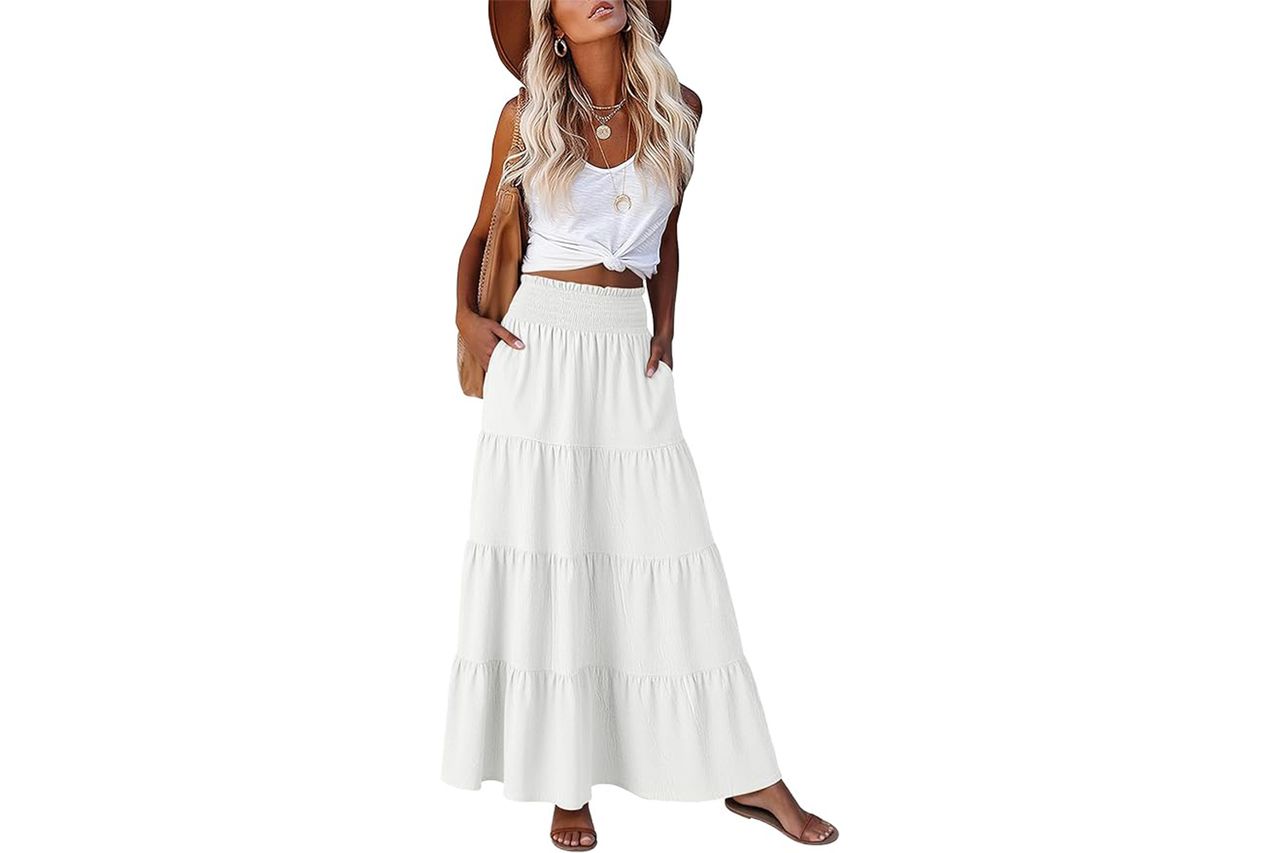 ANRABESS Womens Maxi Skirts, Elastic High Waist A-Line Tiered, Long Flowy Boho Skirts, Summer Casual Beach & Vacation Wear Credit: Amazon