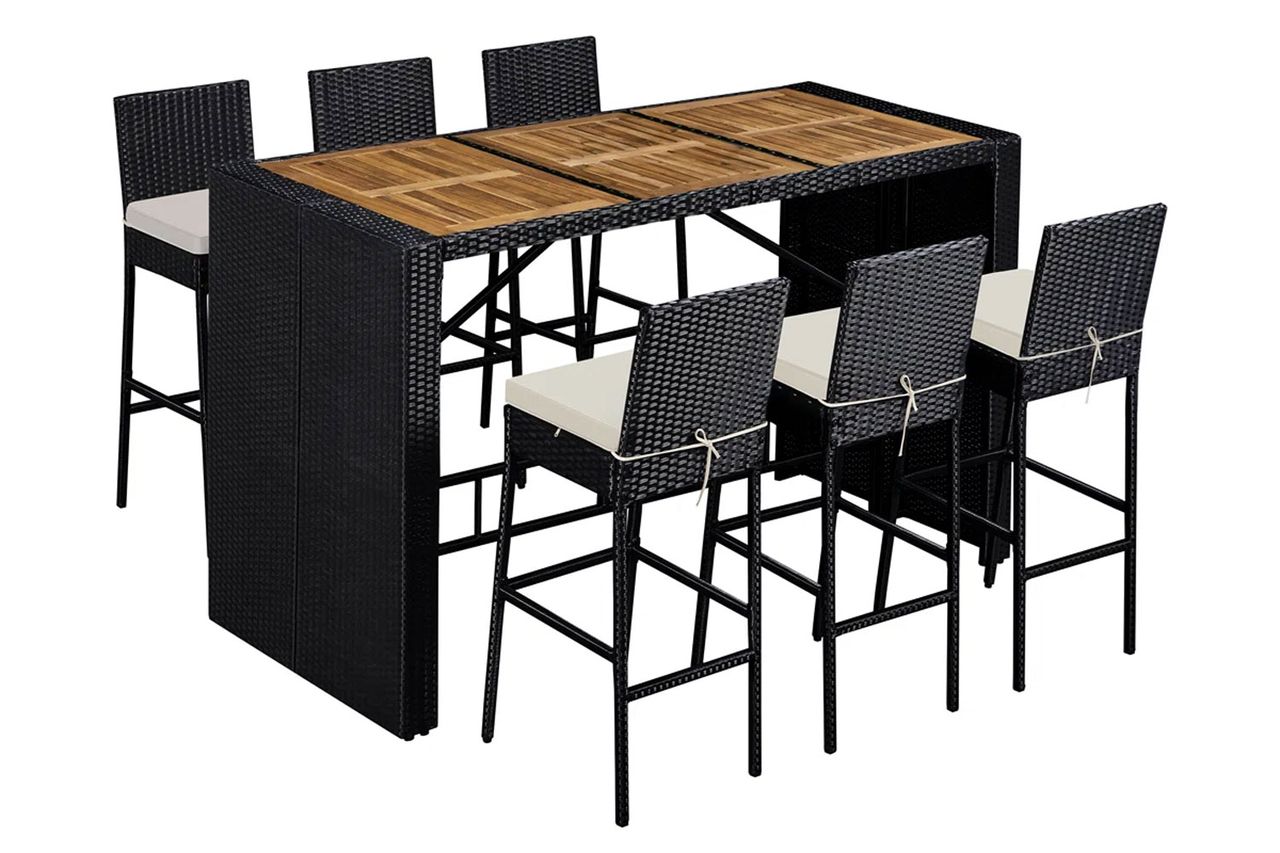 Aybars 6-Person Patio Rattan Furniture with Wood Tabletop & Removable Cushions By Wade Logan Credit: Wayfair