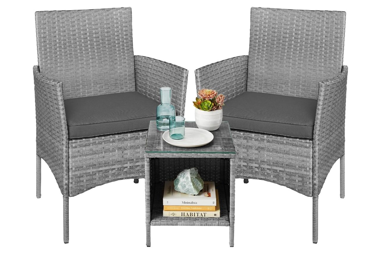 Best Choice Products 3-Piece Outdoor Wicker Conversation Bistro Set, Space Saving Patio Furniture for Garden w/Side Table - Gray/Gray Credit: Amazon