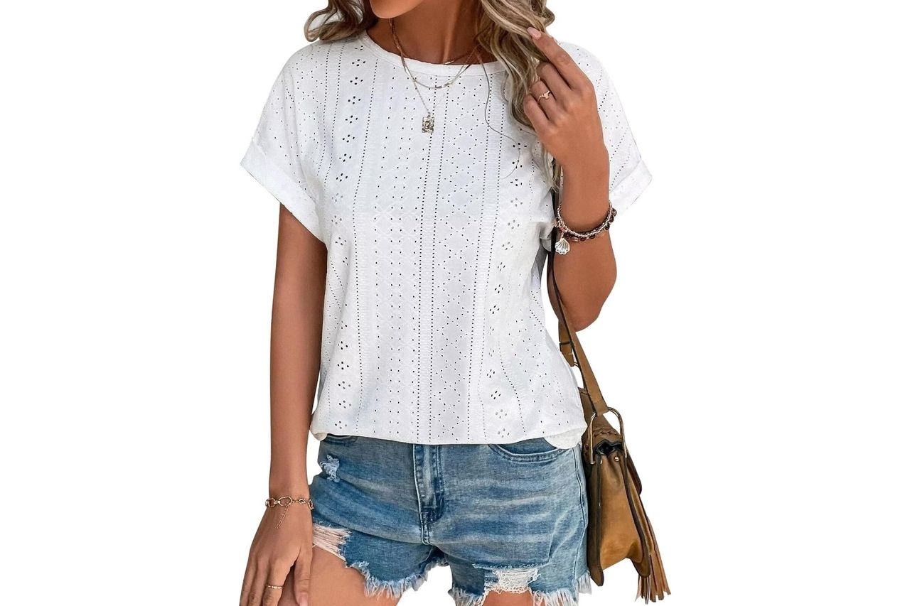 Bliwov Womens Tops Eyelet Embroidery Summer Spring Curved Hem Short Sleeve T Shirts Credit: Amazon