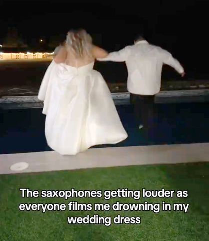 Bride Thought Jumping Into a Pool in Her Wedding Dress Would Be ‘Fun.’ Seconds Later, She Couldn’t Breathe Shelby and Corey Crawford jumping in the pool on their wedding dayCredit: shelbyleighhhh/TikTok