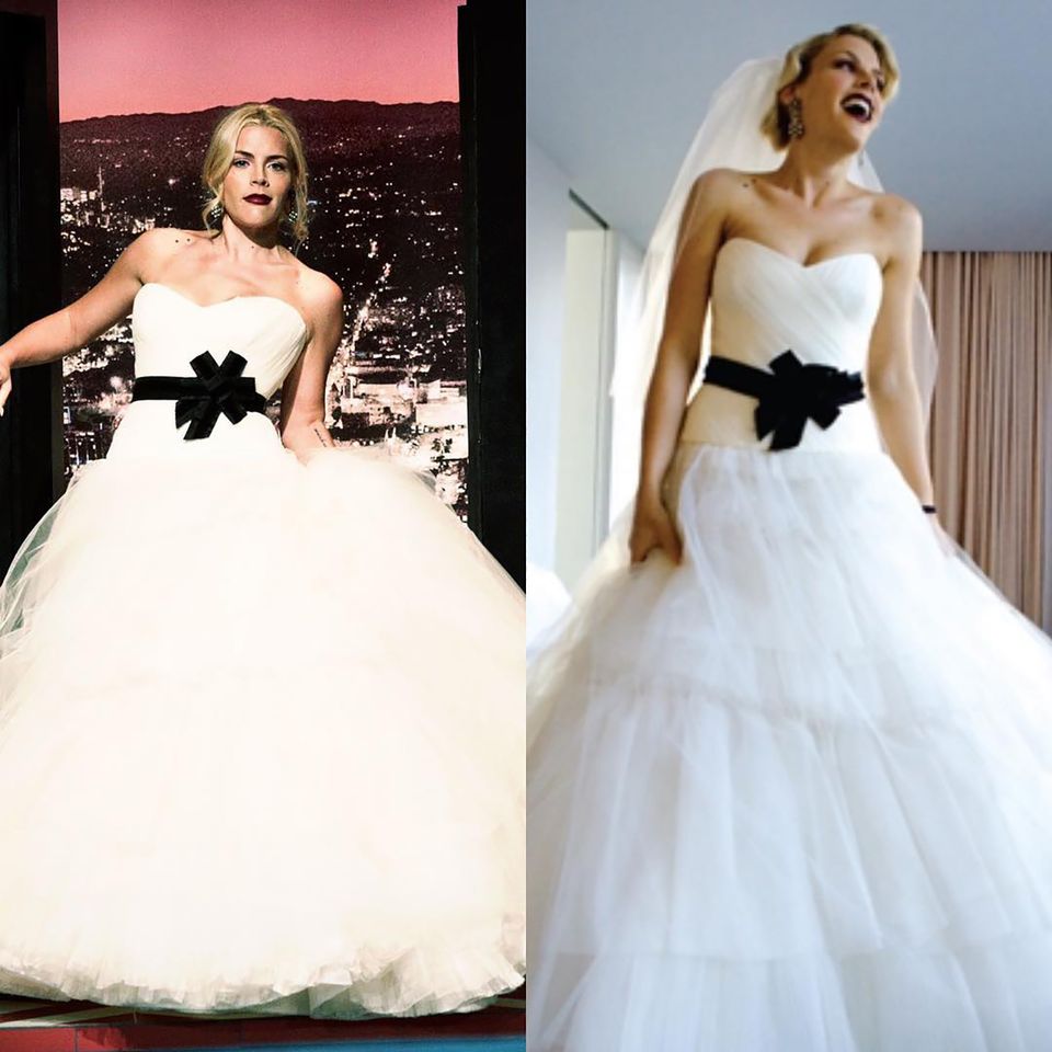 Busy Phillips wears her wedding dress during a 2019 episode of 'Busy Tonight'; Busy Phillips in her wedding gown in 2007Credit: Busy Phillips/Instagram