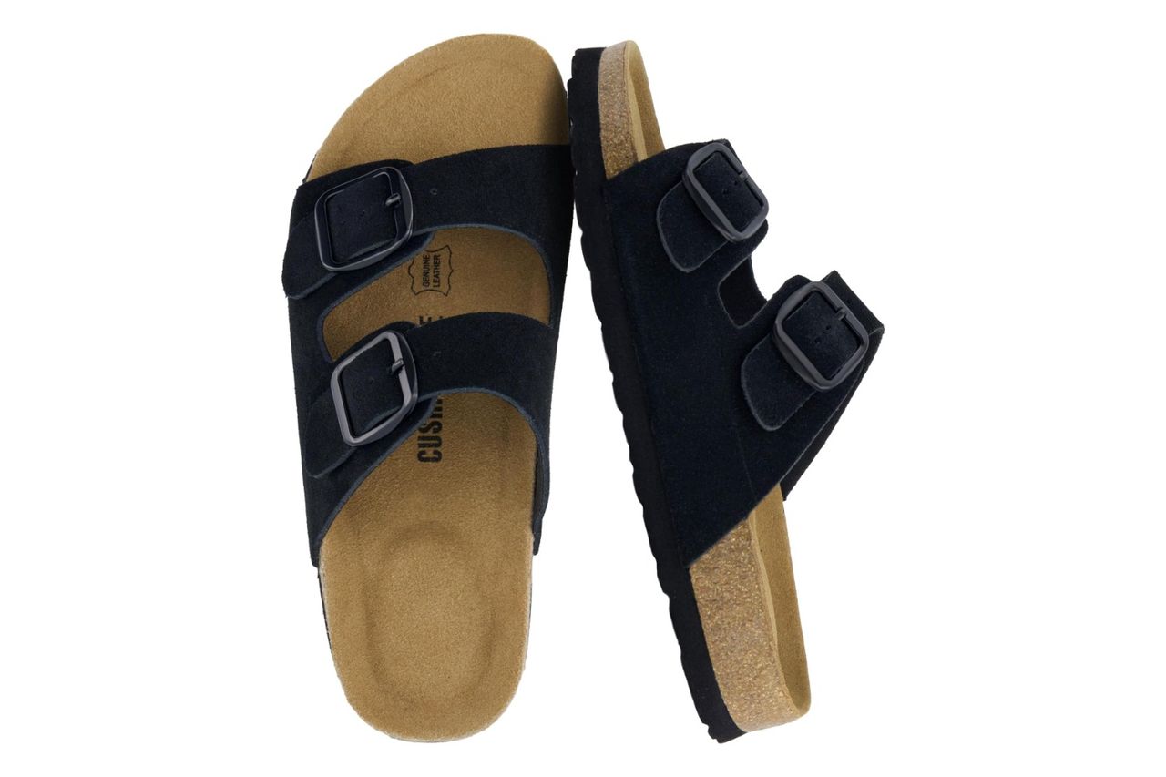 CUSHIONAIRE Logo 100% Genuine Leather Suede Slides Credit: Amazon