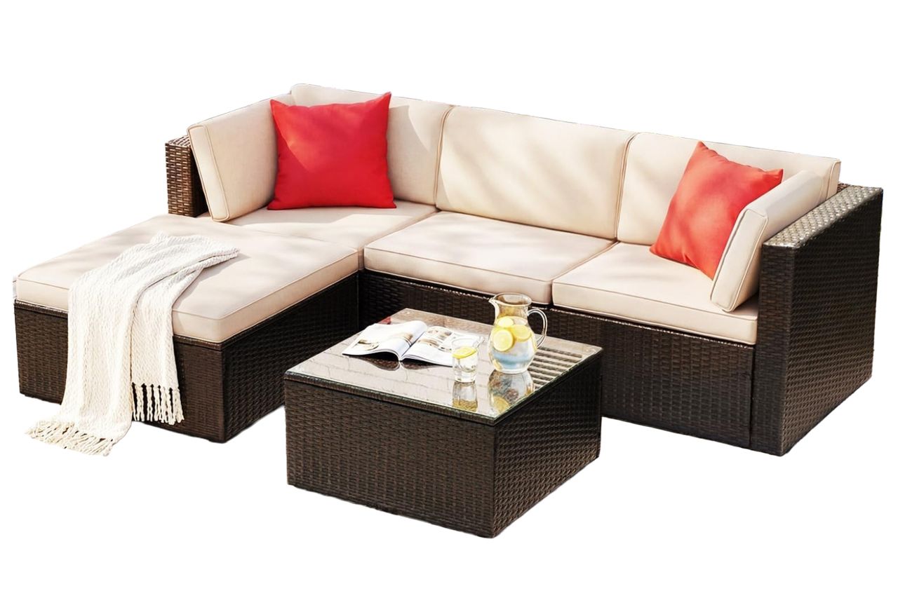Devoko 5 Pieces Patio Furniture Sets All Weather Outdoor Sectional Patio Sofa Manual Weaving Wicker Rattan Patio Seating Sofas with Cushion and Glass Table (Beige) Credit: Amazon